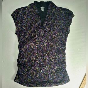 Kenneth Cole Womens Black Floral V-Neck Cap Sleeve Top Babydoll Ruched Sz M